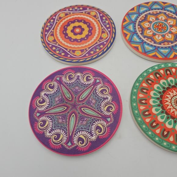 Stone Coaster Set w Cork Ceramic For Drink Table Decor Bar Beautiful Colorful - Picture 2 of 7